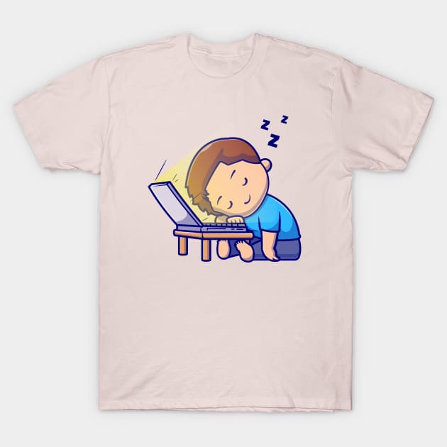 Cute Boy Sleeping On Laptop Cartoon T-Shirt by Catalyst Labs